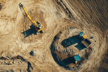 Aerial view of construction site with machinery and earthworks.