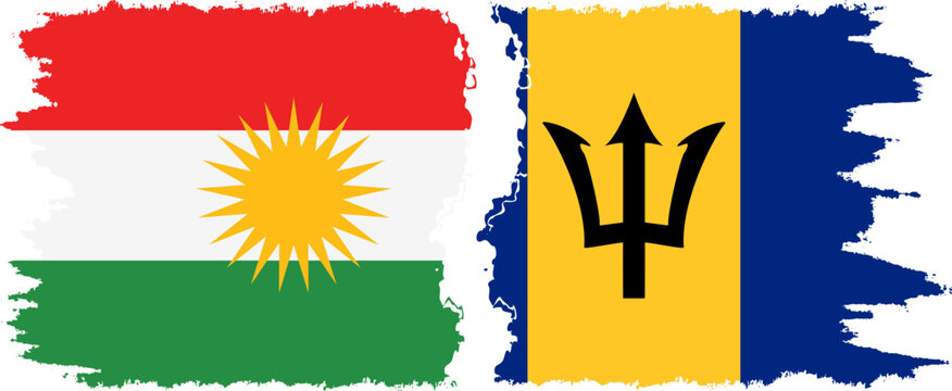 Barbados and  Kurdistan grunge flags connection, vector