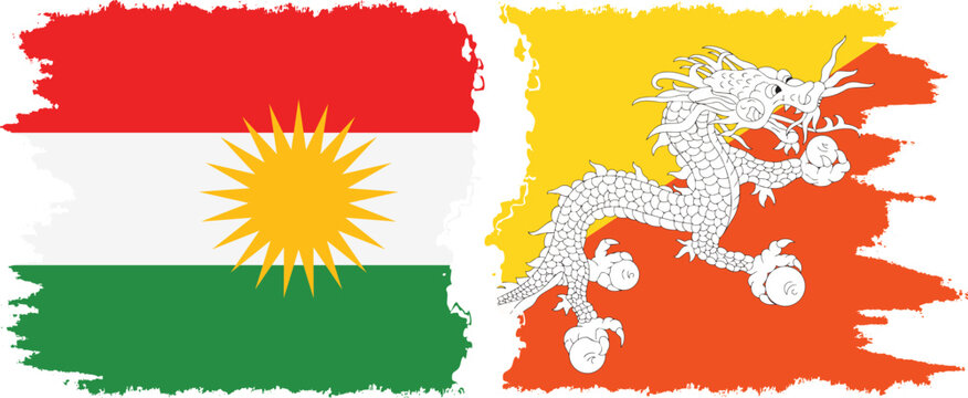 Bhutan and  Kurdistan grunge flags connection, vector