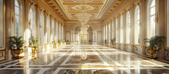 Obraz premium Breathtaking interior of a lavish Baroque style palace featuring an opulent and ornately decorated hall with intricate architectural details gilded chandeliers marble floors and towering columns