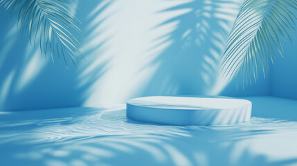 Obraz premium Simple composition consisting of a round podium in light blue tones with shadows of palm leaves in a tropical atmosphere. Perfect for the concept of relaxation, summer or product presentation.