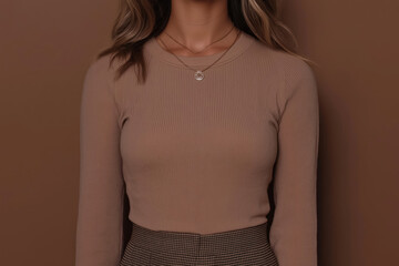 Obraz premium woman wearing mocha mousse colored cashmere sweater paired with tweed trousers, fashion forward urban style, 2025 color