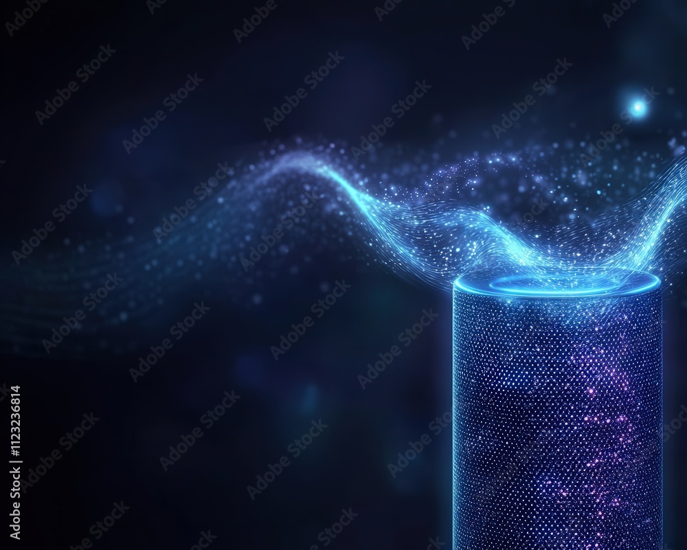 Poster a modern speaker emits a stream of glowing particles, creating a dynamic visual effect against a dar
