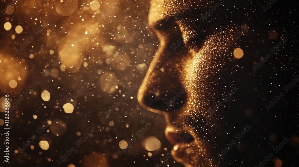 Poster a close-up profile of a person with a serene expression, illuminated by golden sparkles against a da