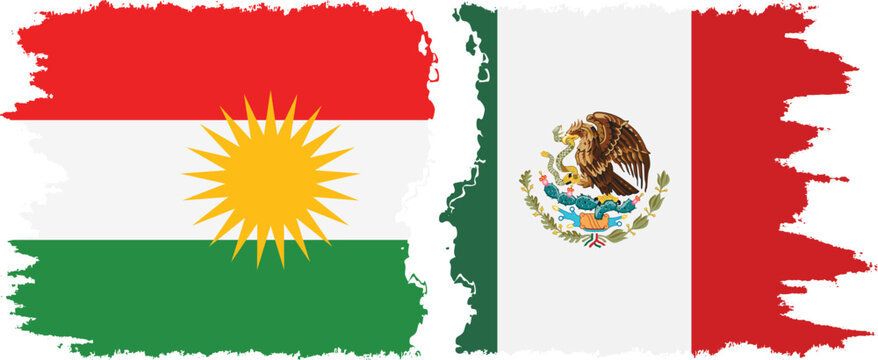 Mexico and  Kurdistan grunge flags connection, vector