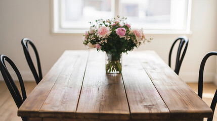 Table de salon avec bouquet de fleurs roses