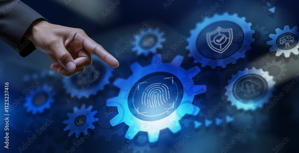 Aufkleber biometrics fingerprint concept. biometrics security with digital interface
