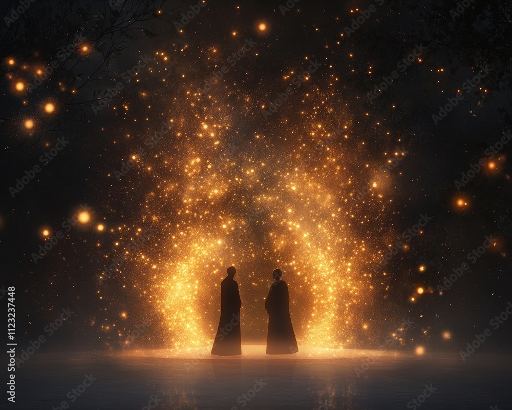 Poster two shadowy figures stand amidst a glowing, magical display of lights and sparkles, creating an ench
