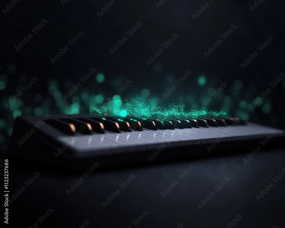 Poster a sleek keyboard emits glowing green particles against a dark background, creating a modern, tech-in