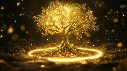 cosmic power meditation luminous glowing tree of life rising from a meditation circle, with roots and branches extending into the cosmos, highlighted by soft golden light