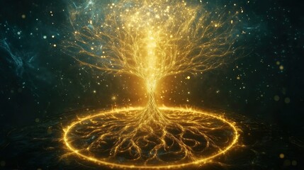 cosmic power meditation luminous glowing tree of life rising from a meditation circle, with roots and branches extending into the cosmos, highlighted by soft golden light