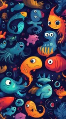 Obraz premium Seamless pattern with cute cartoon fishes. Colorful illustration.