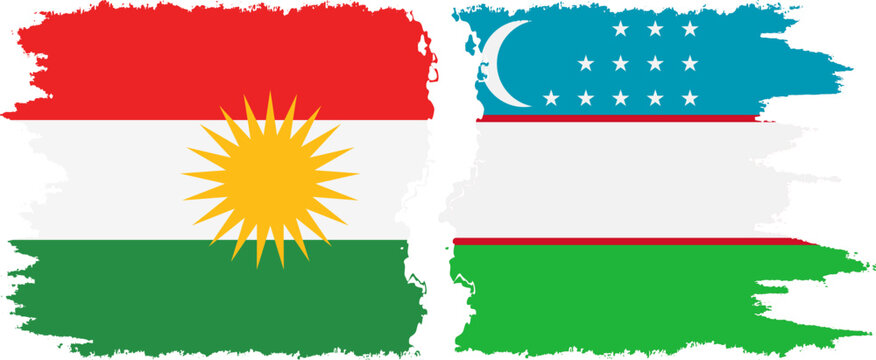 Uzbekistan and  Kurdistan grunge flags connection, vector