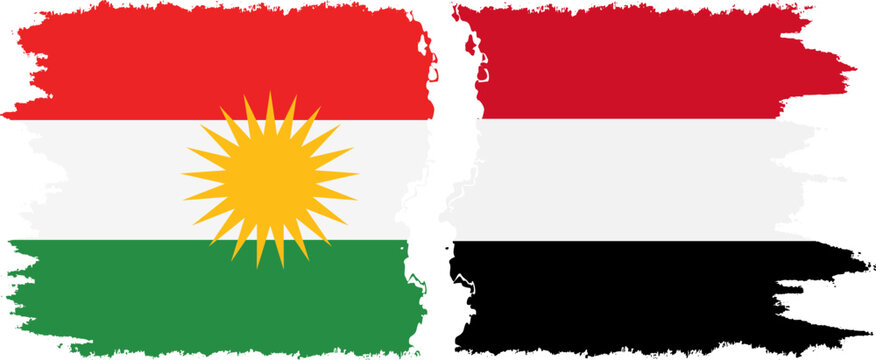Yemen and  Kurdistan grunge flags connection, vector