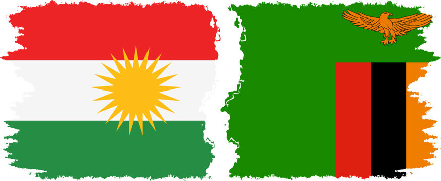 Zambia and  Kurdistan grunge flags connection, vector