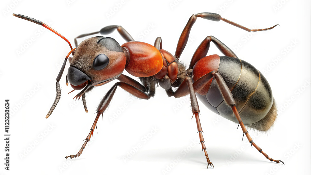 Poster a detailed representation of an ant highlights its distinct body structure and vibrant coloration. t