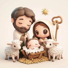 Generative AI. The birth of baby Jesus in a manger in a sheepfold. With Saint Joseph and Mother Mary, cute cartoon.