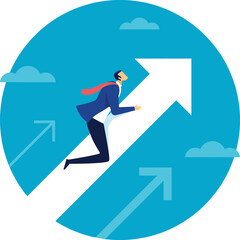 Obraz premium Businessman running along a giant upward arrow symbolizing career progression, achieving business goals, and experiencing financial growth in a competitive market