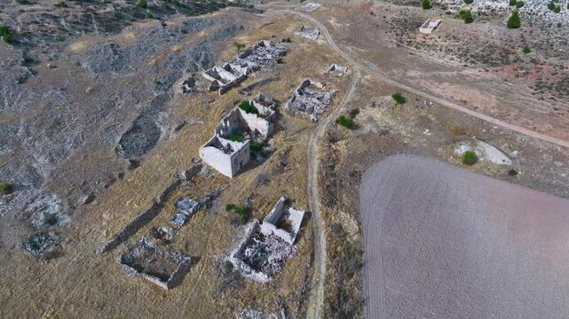 Abandoned houses in the Salinas de Armall&aacute; in Tierzo on the Camino del Cid. Aerial view from drone. Molina Alto Tajo Geopark. Alto Tajo Natural Park. Guadalajara. Castilla la Mancha. Spain. Europe