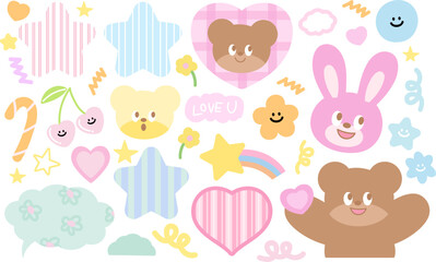 Cute illustration of bunny, teddy bear, heart, cherry, candy, flower, star, rainbow for animals, zoo, souvenir shop, happy easter, cute patch, kid doll, sticker, cartoon character, mascot, comic, icon