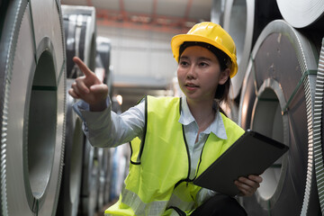 Asian woman worker inspecting quality rolls of galvanized or metal sheet. Woman worker working in warehouse of rolls stainless steel