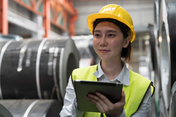 Portrait of happy smiling Asian woman worker working in warehouse of rolls stainless steel