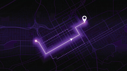 Obraz premium purple neon GPS road map of Birmingham with the arrow that moves to the point of destination