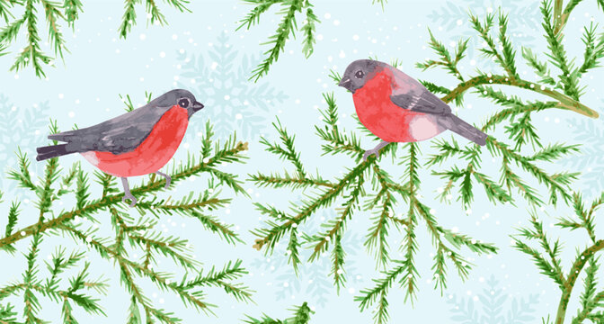 watercolor seamless texture with couple of bullfinches perching on branches of fir tree against blue snowing sky