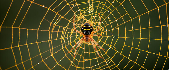 Fototapeta premium A spider carefully constructs its intricate web, glistening with dew drops in the gentle light of dawn. The surroundings are alive with vibrant greenery, emphasizing nature's beauty