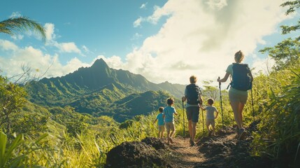 Obraz premium Family Hiking Tropical Mountain Trail Adventure