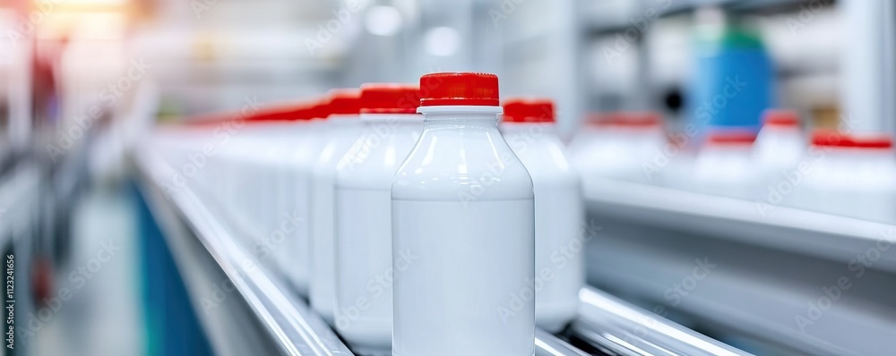 Poster a close-up of white bottles with red caps moving along a production line in a factory setting, highl