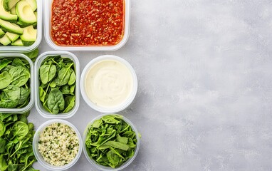 Obraz premium A colorful array of fresh ingredients including sauces, greens, and vegetables, arranged neatly in containers on a light background.