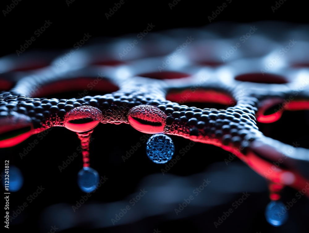 Poster a close-up of textured droplets on a surface, showcasing intricate patterns and vibrant colors again