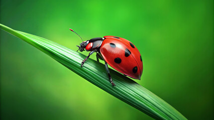Fototapeta premium A bright red ladybug with black spots is perched on a vibrant green leaf. The garden surroundings are rich and lush, suggesting a sunny daytime atmosphere