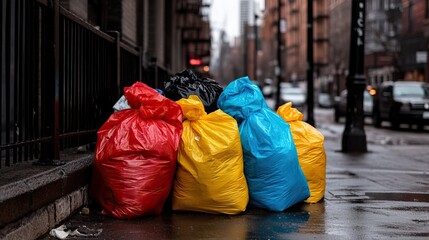 Obraz premium Colorful trash bags line a city sidewalk, showcasing a mix of red, yellow, and blue, set against an urban backdrop.