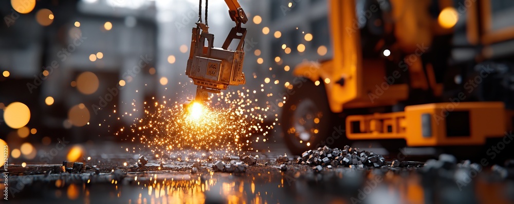 Poster a close-up view of a construction machine creating sparks, surrounded by particles, showcasing indus