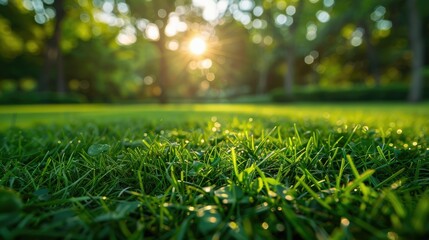 Naklejka premium Lush green grass close-up at sunset.