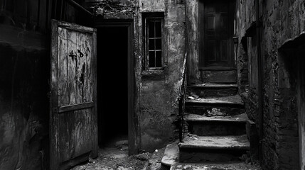 A crumbling house perched precariously in a forgotten corner of an old city alley, its door ajar and revealing utter darkness.