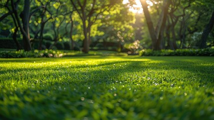 Fototapeta premium Lush green grass in a sunlit park with trees.
