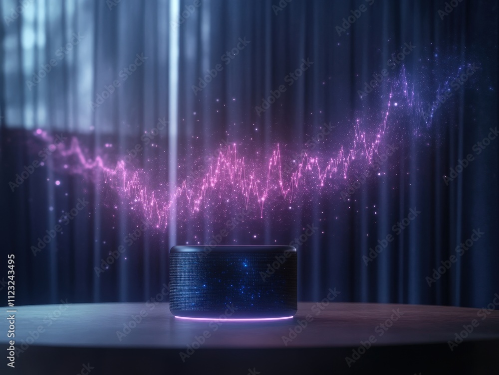 Poster a modern speaker emits colorful sound waves, creating a visually striking display in a dimly lit env