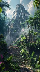 Obraz premium Mystical jungle shrouded ancient temple ruins hidden deep within the dense lush vegetation of a remote untamed wilderness This forgotten remnant of a long lost civilization waits to be rediscovered