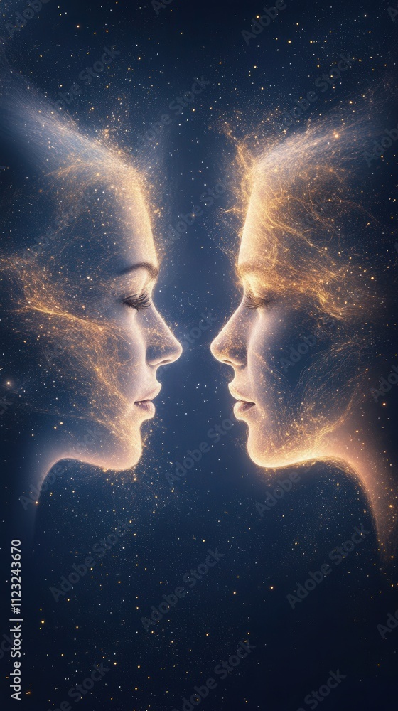 Poster two ethereal faces appear to merge in a cosmic background, embodying unity and a celestial connectio