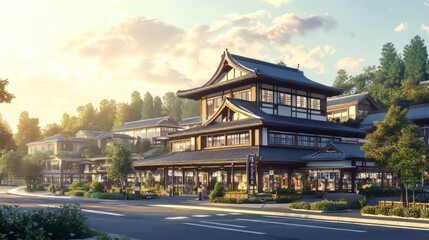 A beautiful japanese village city town in the morning. railway station with shop. anime comics artstyle. cozy lofi asian architecture. anime wallpaper. Ultra realistic. Photorealistic