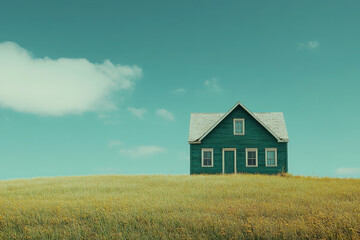Obraz premium A solitary blue house on a grassy hill under a clear sky.