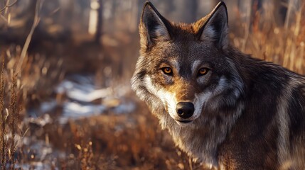 Obraz premium A gaze from a strong and self-confident wolf. stock photo. wolf wallpaper. Ultra realistic. Photorealistic hypermaximalist hyper realistic fine detail