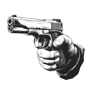 hand holding pistol, black and white clip art preview