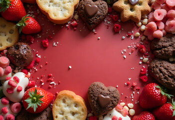 Fototapeta premium Delicious assortment of cookies, strawberries, and sweets arranged beautifully. Perfect for celebrations or gatherings, this vibrant display invites indulgence and joy