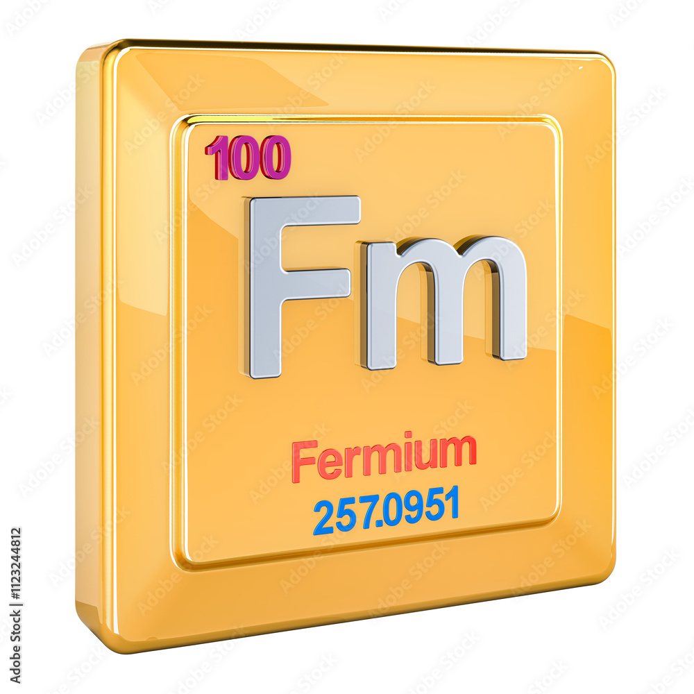 Poster fermium fm, chemical element sign with number 100 in periodic table. 3d rendering isolated on transp