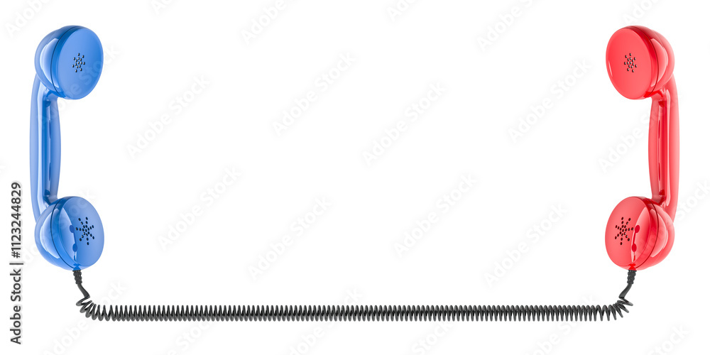 Poster phone handsets connected of telephone cord, talking concept. 3d rendering isolated on transparent ba