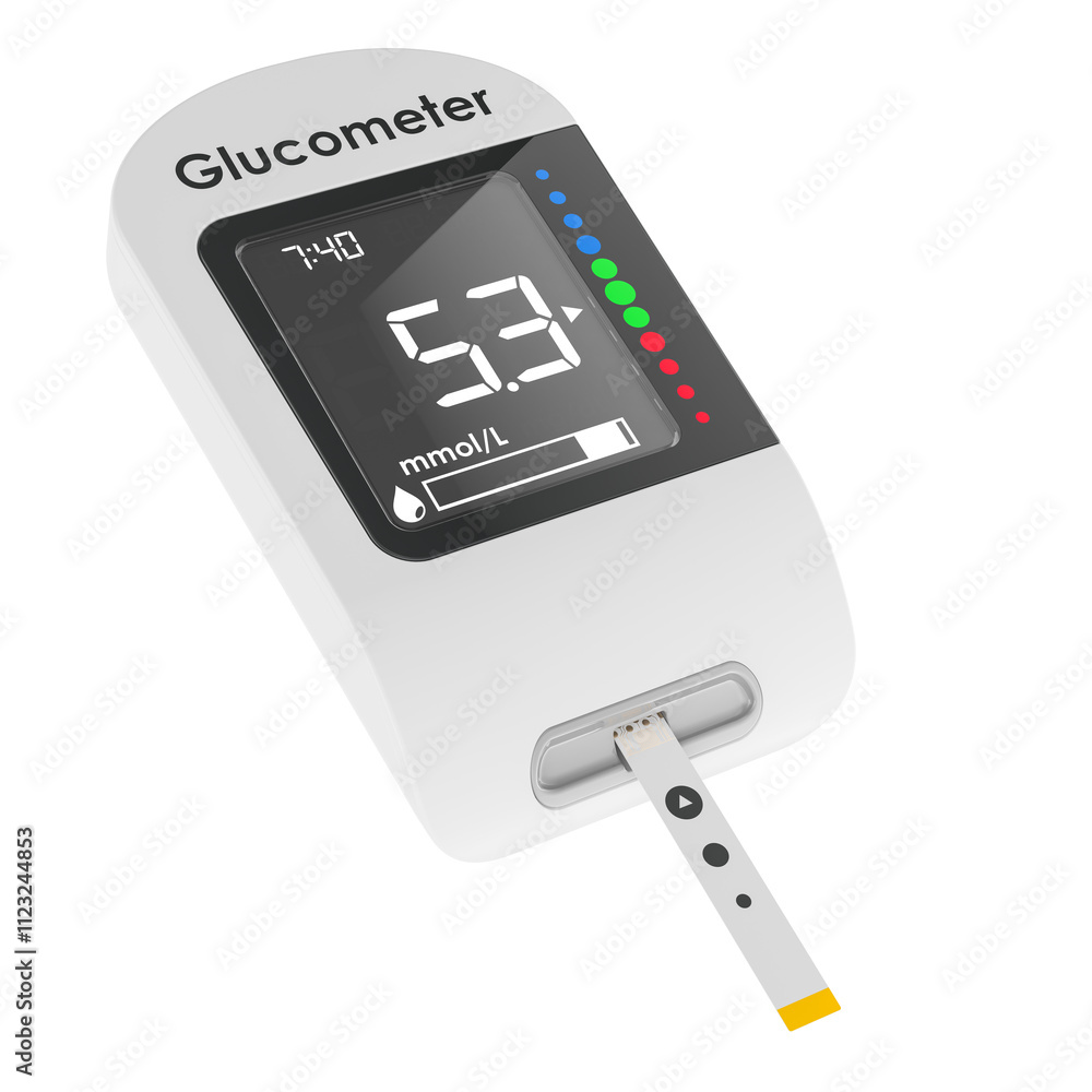 Poster glucose meter, glucometer with glucose test strip for diabetic blood sugar testing. 3d rendering iso